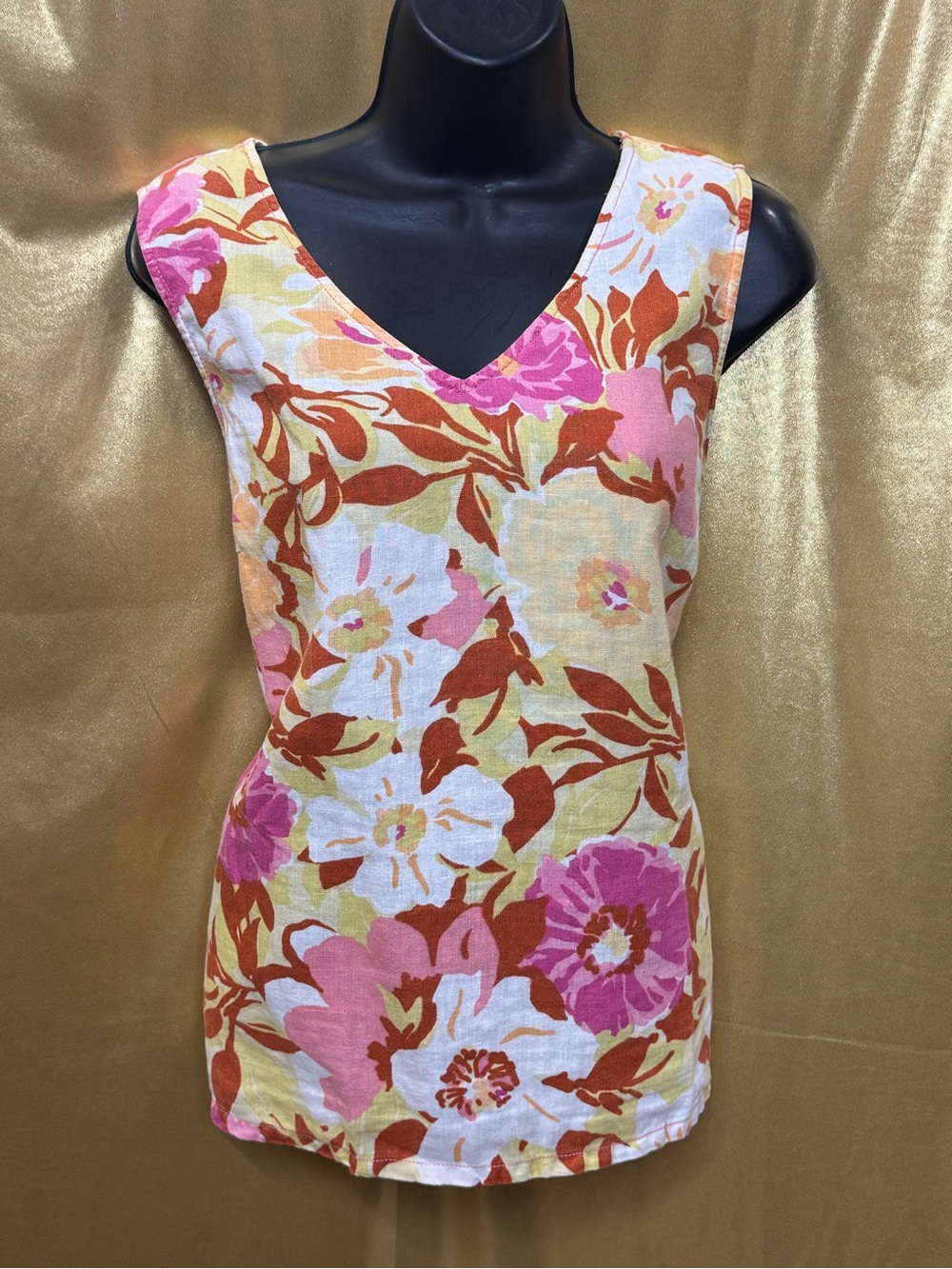 Hot Cotton Floral Linen Tank Top V-Neck Sleeveless Blouse Size Large